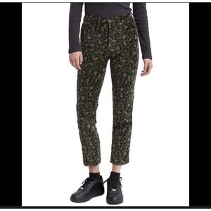 Levi's Premium 724 High Rise Straight Crop Leopard Print Olive Green Suede Pants